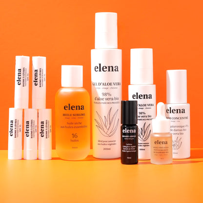 Pack 4 - Baumes à lèvres, Huile Sublime, Gel Aloe Vera 200ml et 100ml, Contour des yeux, Huile Précieuse Pépins de Figue de Barbarie Bio, sérum concentré Elena (Vfinal)