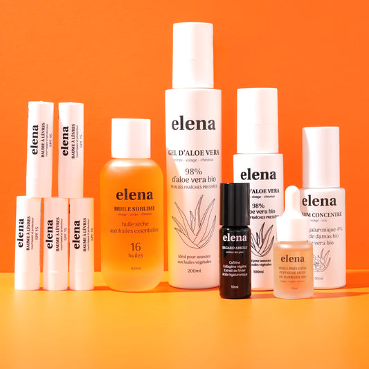 Pack 4 - Baumes à lèvres, Huile Sublime, Gel Aloe Vera 200ml et 100ml, Contour des yeux, Huile Précieuse Pépins de Figue de Barbarie Bio, sérum concentré Elena (Vfinal)